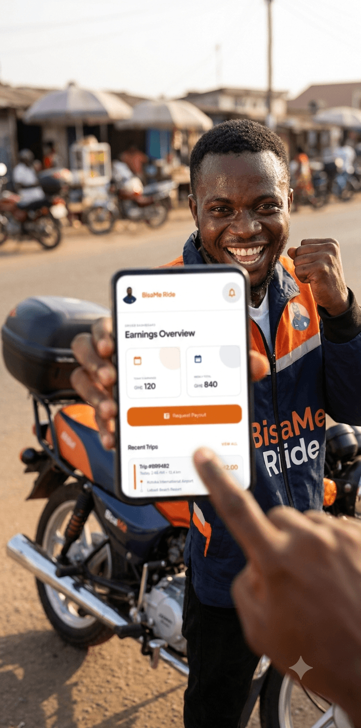 BisaMe Ride app on a smartphone showing a rider's GHS earnings balance and live ride tracking